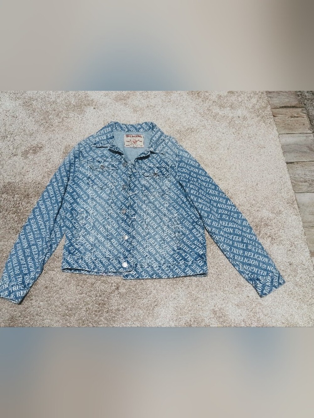 True Religion Men's  Light Blue All-Over Logo Denim Jacket Medium